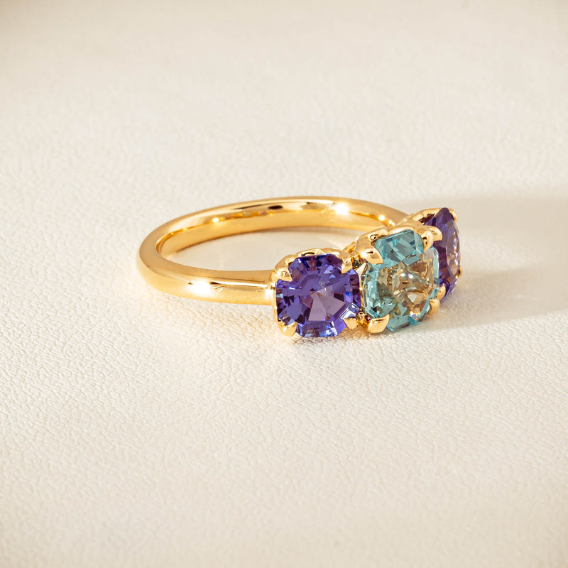 18ct Yellow Gold Aquamarine & Tanzanite Three Stone Octavia Ring - Ring - Walker & Hall