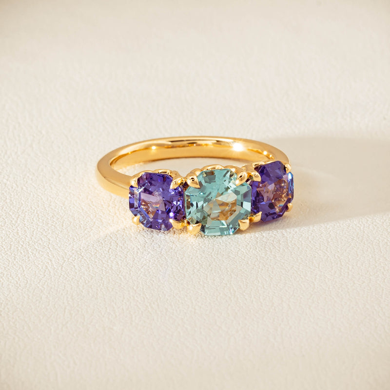 18ct Yellow Gold Aquamarine & Tanzanite Three Stone Octavia Ring - Ring - Walker & Hall
