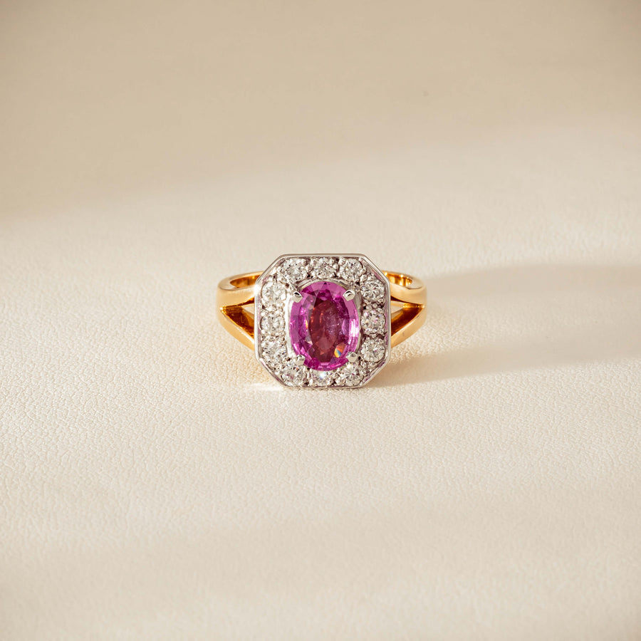 Deja Vu 18ct Yellow Gold 2.00ct Pink Sapphire Halo Ring - Ring - Walker & Hall