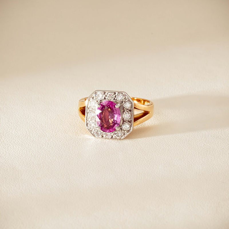 Deja Vu 18ct Yellow Gold 2.00ct Pink Sapphire Halo Ring - Ring - Walker & Hall