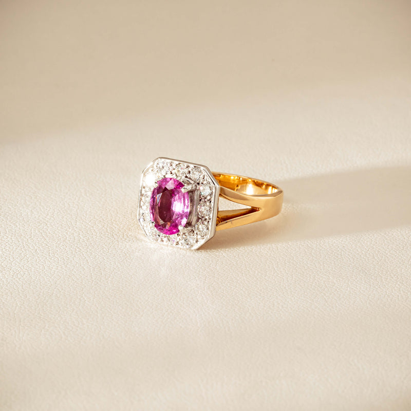 Deja Vu 18ct Yellow Gold 2.00ct Pink Sapphire Halo Ring - Ring - Walker & Hall