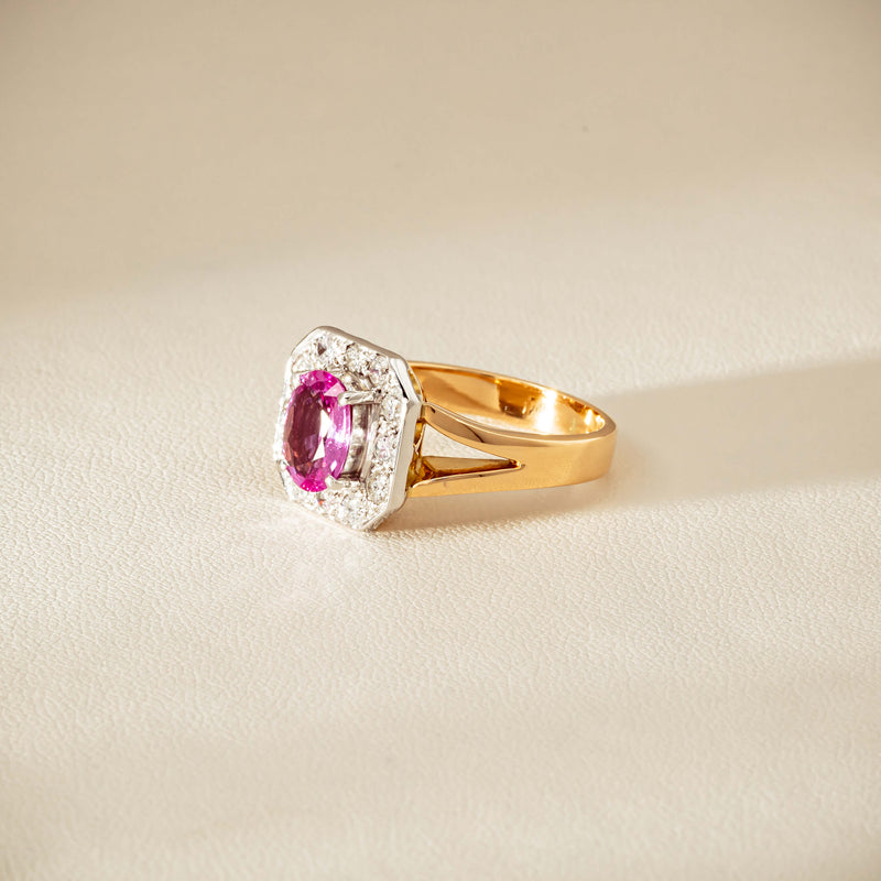 Deja Vu 18ct Yellow Gold 2.00ct Pink Sapphire Halo Ring - Ring - Walker & Hall