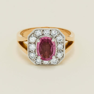 Deja Vu 18ct Yellow Gold 2.00ct Pink Sapphire Halo Ring - Ring - Walker & Hall