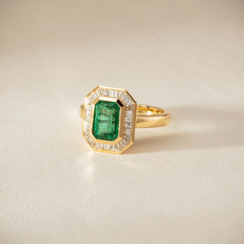 18ct Yellow Gold 2.26ct Emerald & Diamond Halo Ring