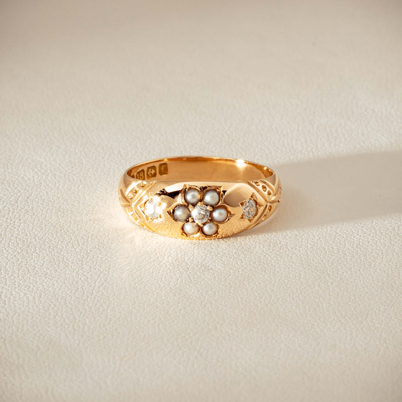 Vintage 18ct Yellow Gold Diamond & Seed Pearl Ring - Ring - Walker & Hall