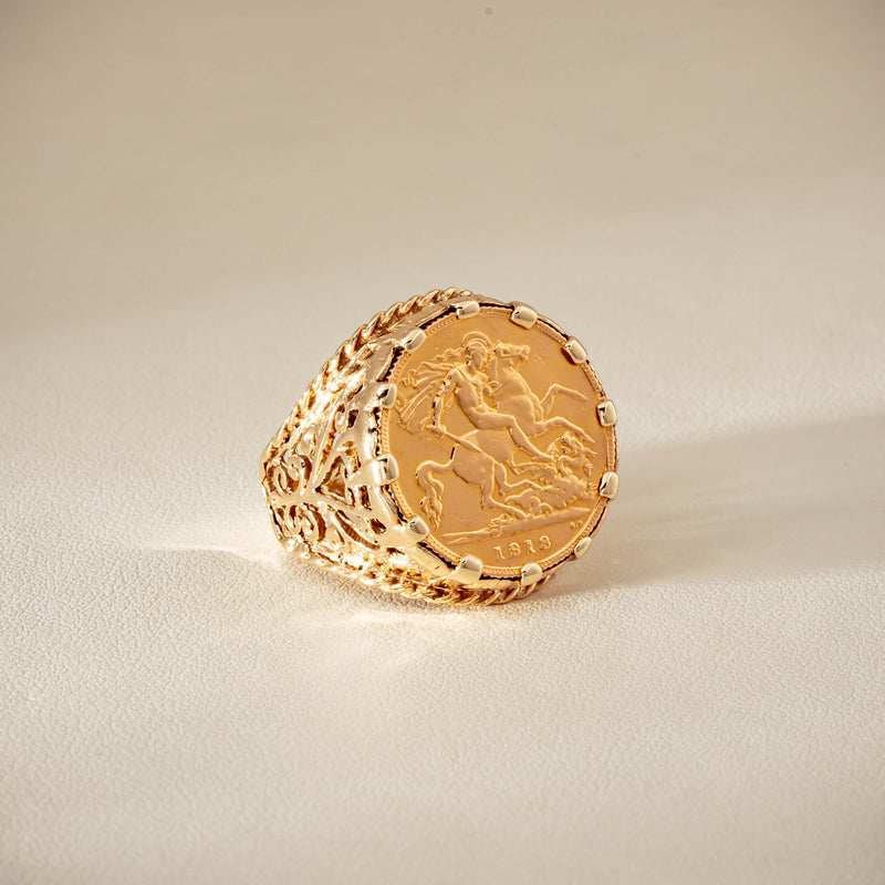 Vintage 9ct Yellow Gold Ring with 22ct Half Sovereign 1973 - Ring - Walker & Hall