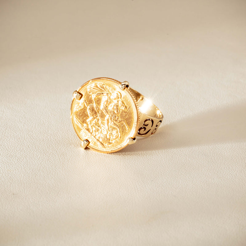 Vintage 9ct Yellow Gold Ring with 22ct Full Sovereign 1968 - Ring - Walker & Hall