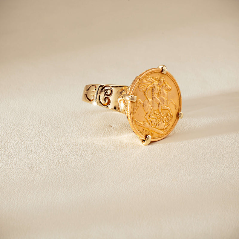 Vintage 9ct Yellow Gold Ring with 22ct Full Sovereign 1968 - Ring - Walker & Hall