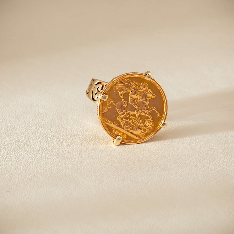 Vintage 9ct Yellow Gold Ring with 22ct Full Sovereign 1968 - Ring - Walker & Hall