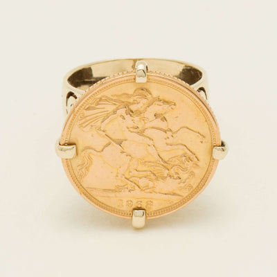 Vintage 9ct Yellow Gold Ring with 22ct Full Sovereign 1968 - Ring - Walker & Hall