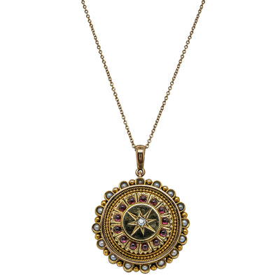 Vintage 15ct Yellow Gold Diamond, Garnet & Seed Pearl Pendant - Necklace - Walker & Hall