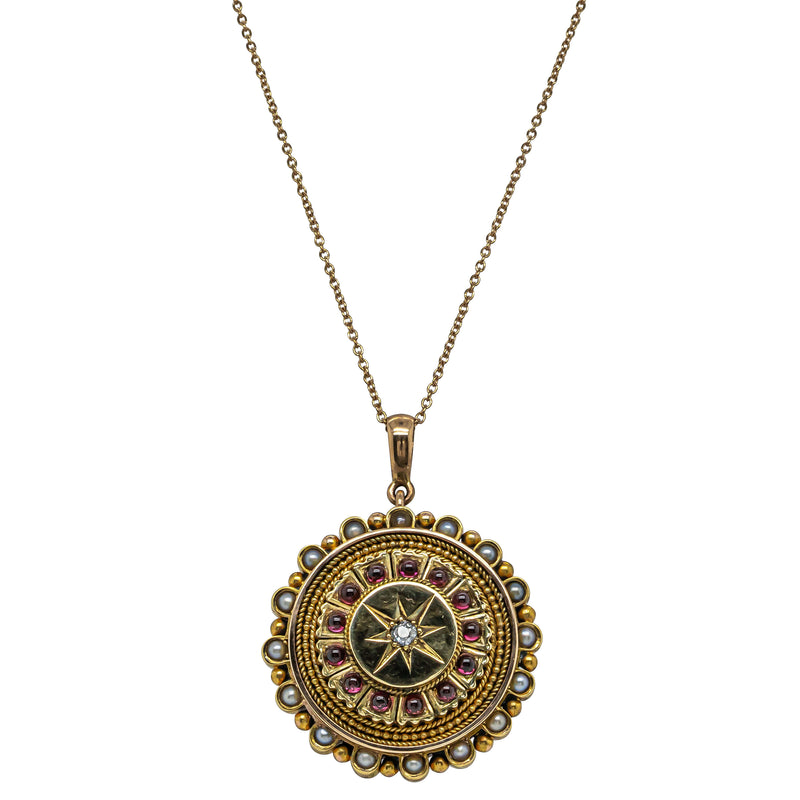 Vintage 15ct Yellow Gold Diamond, Garnet & Seed Pearl Pendant - Necklace - Walker & Hall