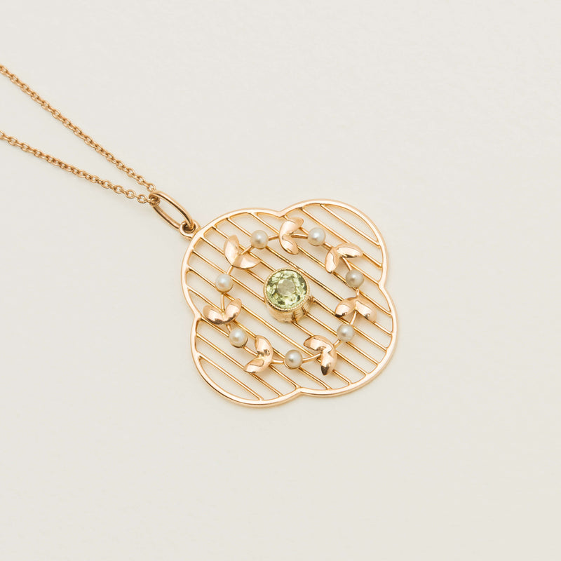 Vintage 15ct Yellow Gold Peridot & Pearl Pendant - Necklace - Walker & Hall