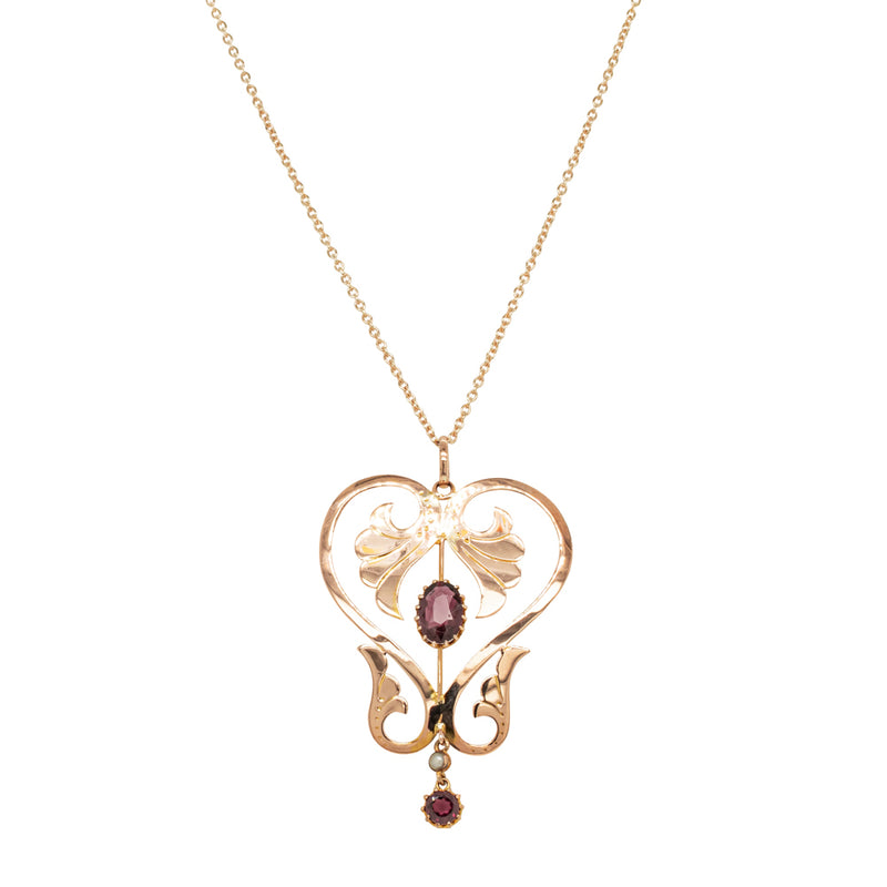 Vintage 9ct Rose Gold Garnet & Seed Pearl Pendant-Necklace-Walker & Hall
