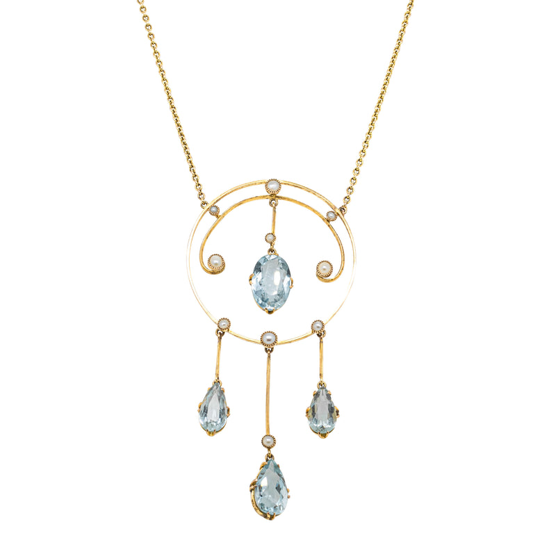 Vintage 10ct Yellow Gold 4.50ct Aquamarine & Seed Pearl Pendant-Necklace-Walker & Hall