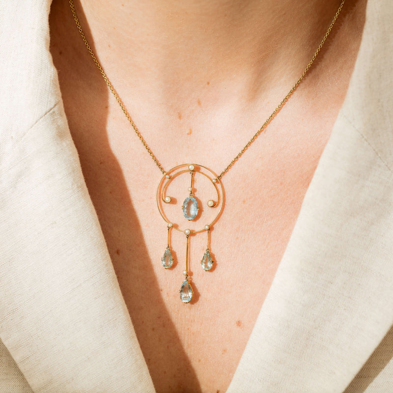 Vintage 10ct Yellow Gold 4.50ct Aquamarine & Seed Pearl Pendant-Necklace-Walker & Hall