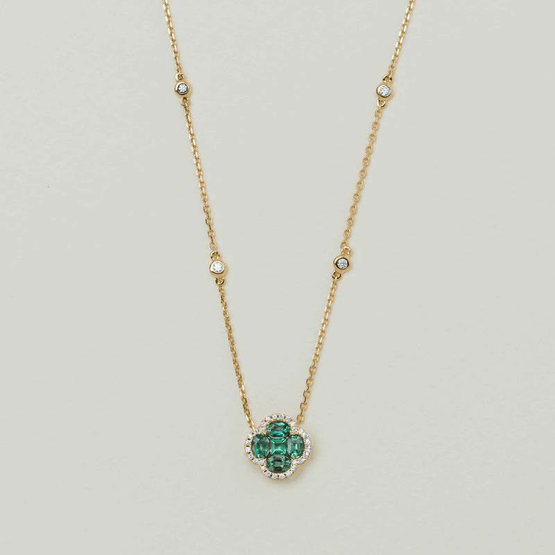 18ct Yellow Gold .93ct Emerald & Diamond Quatrefoil Pendant - Necklace - Walker & Hall
