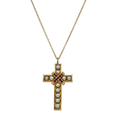 Vintage 18ct Yellow Gold Ruby & Pearl Cross Pendant - Necklace - Walker & Hall