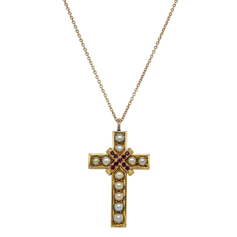 Vintage 18ct Yellow Gold Ruby & Pearl Cross Pendant - Necklace - Walker & Hall