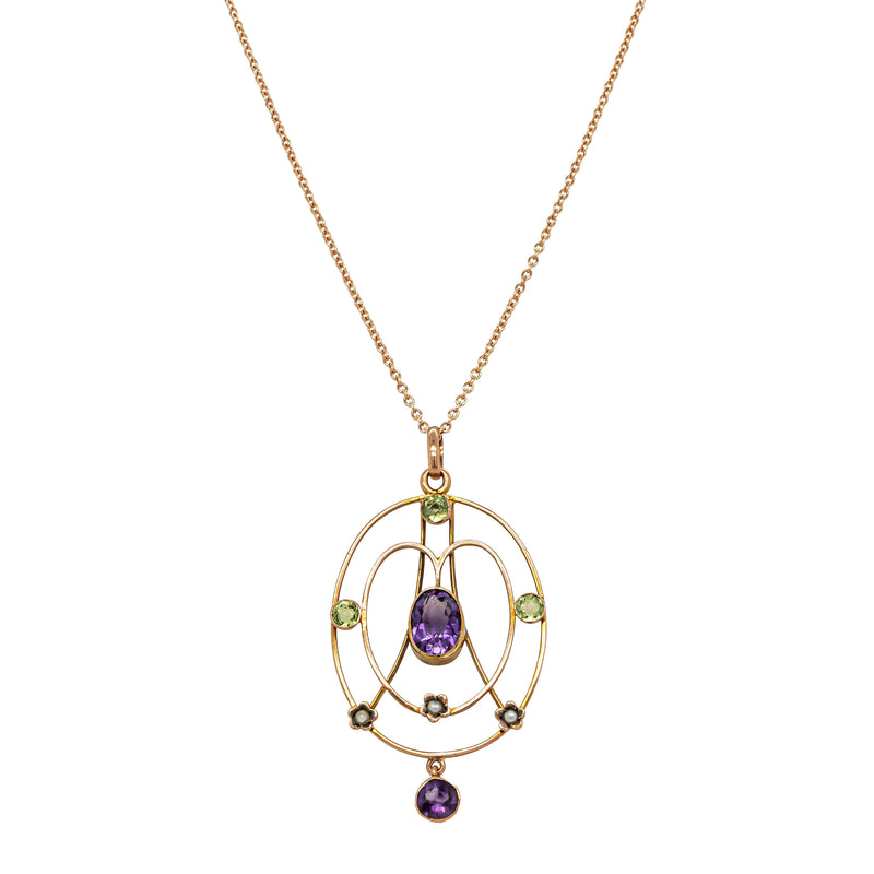 Vintage 9ct Rose Gold Amethyst, Peridot & Pearl Pendant - Necklace - Walker & Hall