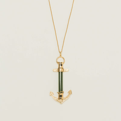 Vintage 9ct Yellow Gold Greenstone Anchor Pendant - Necklace - Walker & Hall