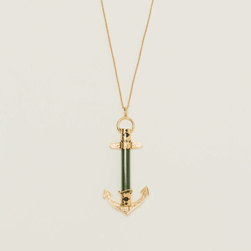 Vintage 9ct Yellow Gold Greenstone Anchor Pendant - Necklace - Walker & Hall