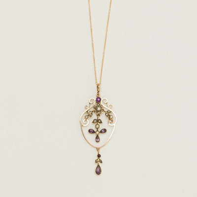 Vintage 9ct Rose Gold Amethyst & Seed Pearl Pendant - Necklace - Walker & Hall