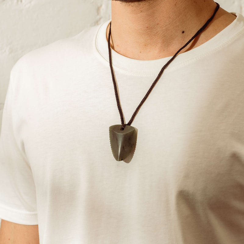 NZ Greenstone Tooth Pendant on Black Cord - Necklace - Walker & Hall