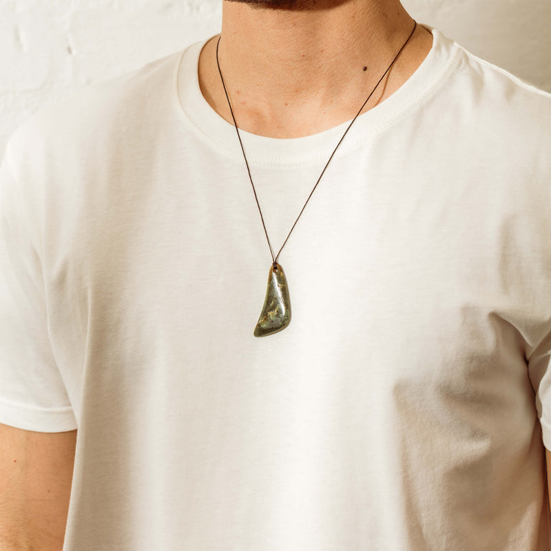 NZ Greenstone Contemporary Drop Pendant on Black Cord - Necklace - Walker & Hall
