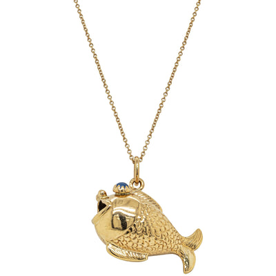 Vintage 9ct Yellow Gold Fish with Blue Agate Eyes Pendant - Necklace - Walker & Hall
