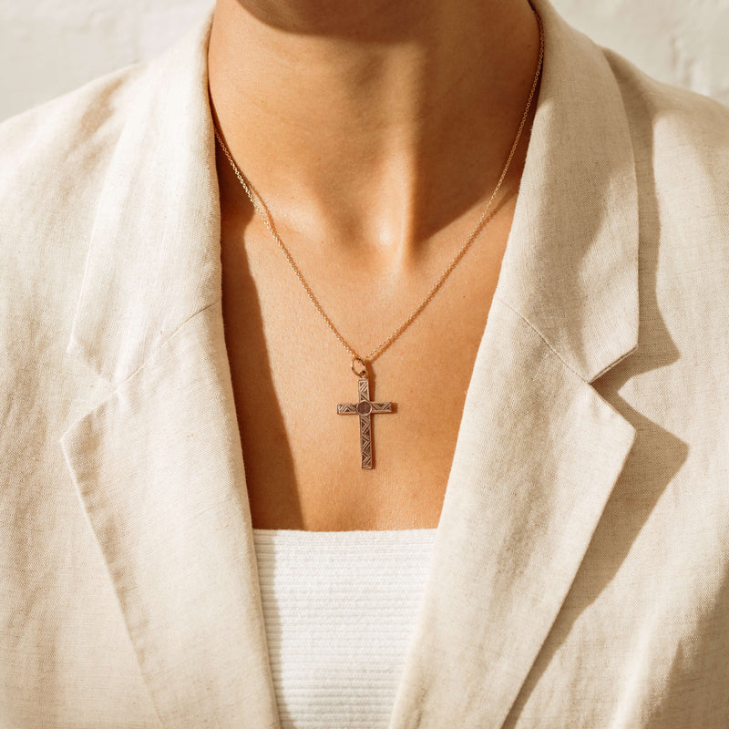 Deja Vu 9ct Rose Gold Hatched Patterned Cross Pendant - Necklace - Walker & Hall