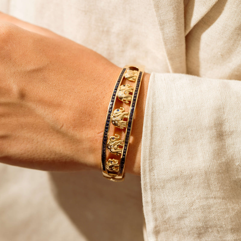 Deja Vu 18ct Yellow Gold Sapphire & Diamond Elephant Bangle - Bracelet - Walker & Hall