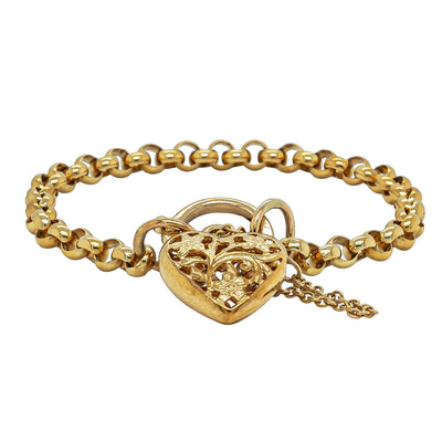 Deja Vu 9ct Yellow Gold Belcher Bracelet With Filigree Heart Padlock - Bracelet - Walker & Hall