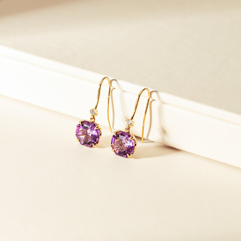 18ct Yellow Gold Amethyst & Diamond Drop Octavia Earrings-Earrings-Walker & Hall