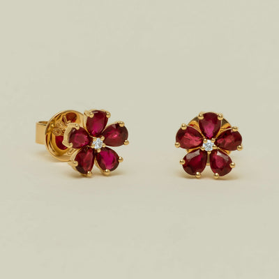 18ct Yellow Gold Ruby Forget-Me-Not Flower Earrings - Earrings - Walker & Hall