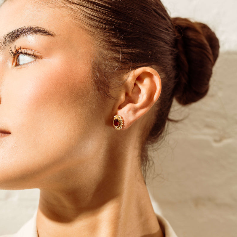 Deja Vu 9ct Yellow Gold Garnet Stud Earrings - Earrings - Walker & Hall