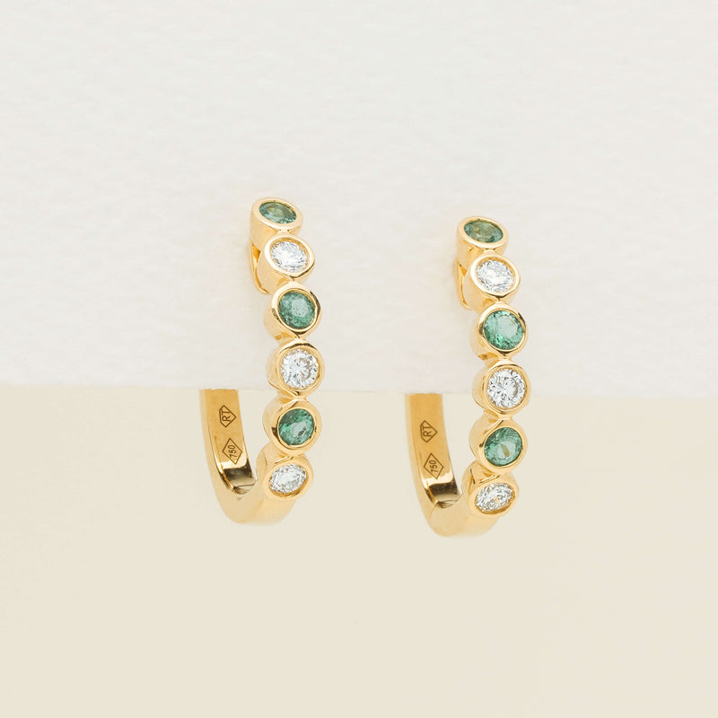 18ct Yellow Gold Emerald & Diamond Rubover Hoop Earrings