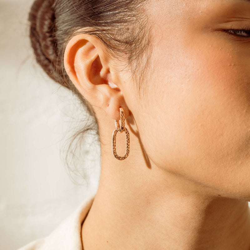 Deja Vu 14ct Rose Gold Hollow Textured Drop Earrings - Earrings - Walker & Hall