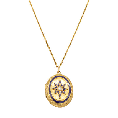 Vintage 18ct Yellow Gold Pearl & Enamel Locket-Necklace-Walker & Hall