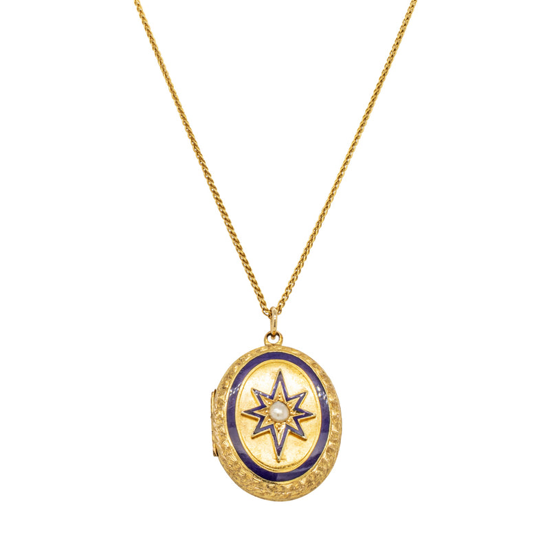 Vintage 18ct Yellow Gold Pearl & Enamel Locket-Necklace-Walker & Hall
