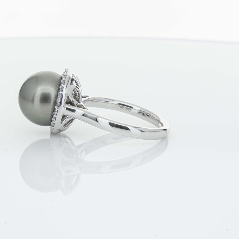 18ct White Gold Tahitian Black Pearl & Diamond Callisto Ring-Ring-Walker & Hall