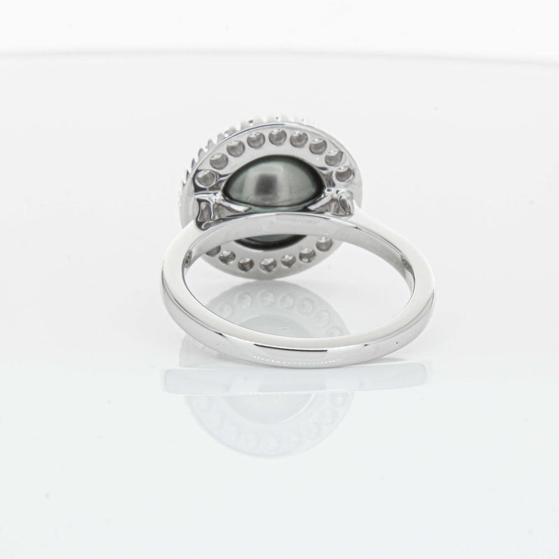 18ct White Gold 9.1mm Tahitian Black Pearl & Diamond Daisy Ring-Ring-Walker & Hall