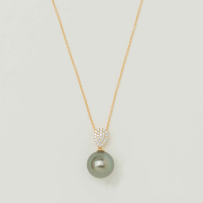18ct Yellow Gold 12.7mm Tahitian Pearl & Diamond Aegean Pendant - Necklace - Walker & Hall