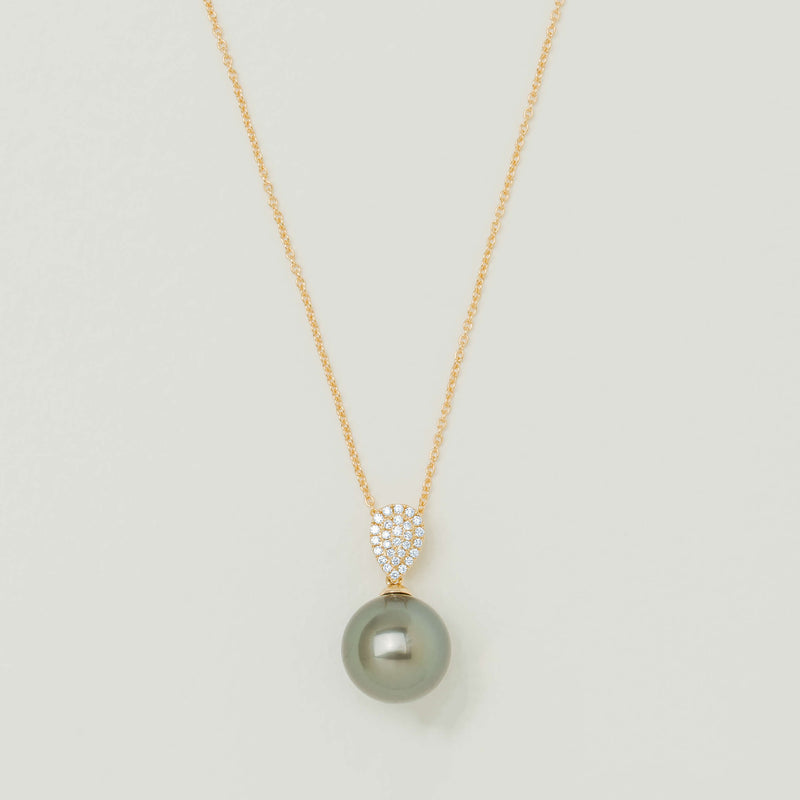 18ct Yellow Gold 12.7mm Tahitian Pearl & Diamond Aegean Pendant - Necklace - Walker & Hall