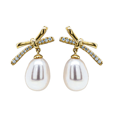 9ct Yellow Gold Freshwater Pearl Diamond Bow Earrings - Earrings - Walker & Hall