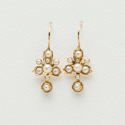 Vintage 18ct & 9ct Yellow Gold Seed Pearl Drop Earrings - Earrings - Walker & Hall