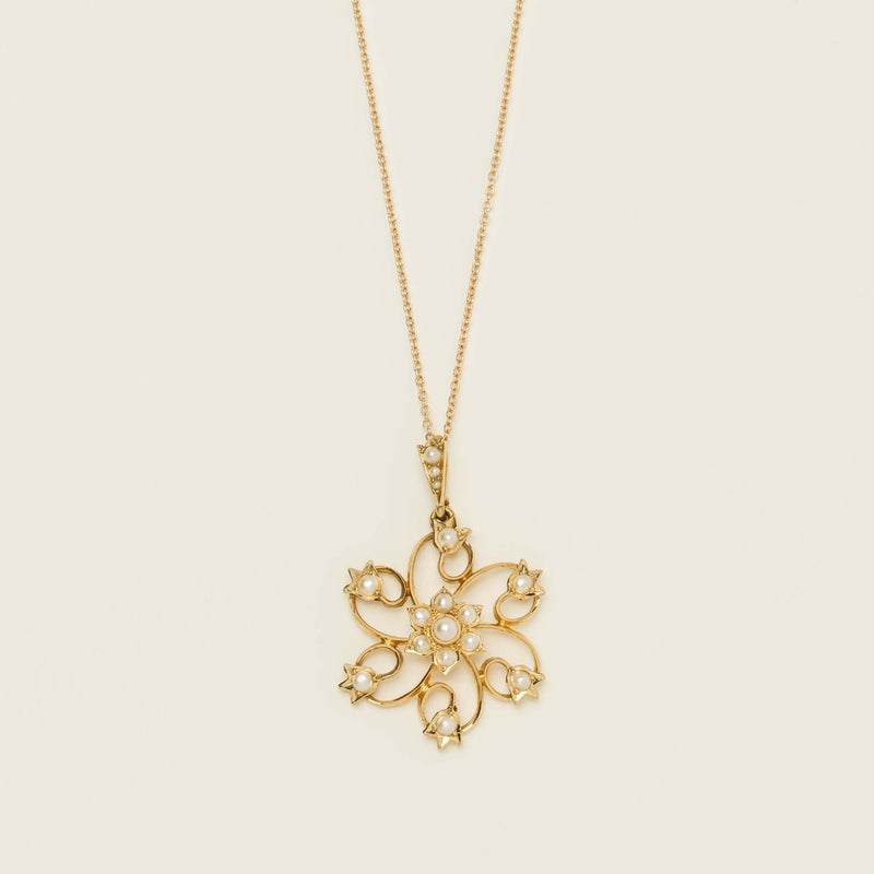 Vintage 14ct Yellow Gold Seed Pearl Floral Pendant - Necklace - Walker & Hall