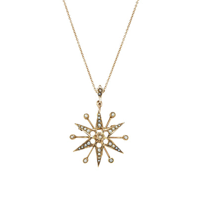 Vintage 9ct Rose Gold Seed Pearl Starburst Pendant - Necklace - Walker & Hall