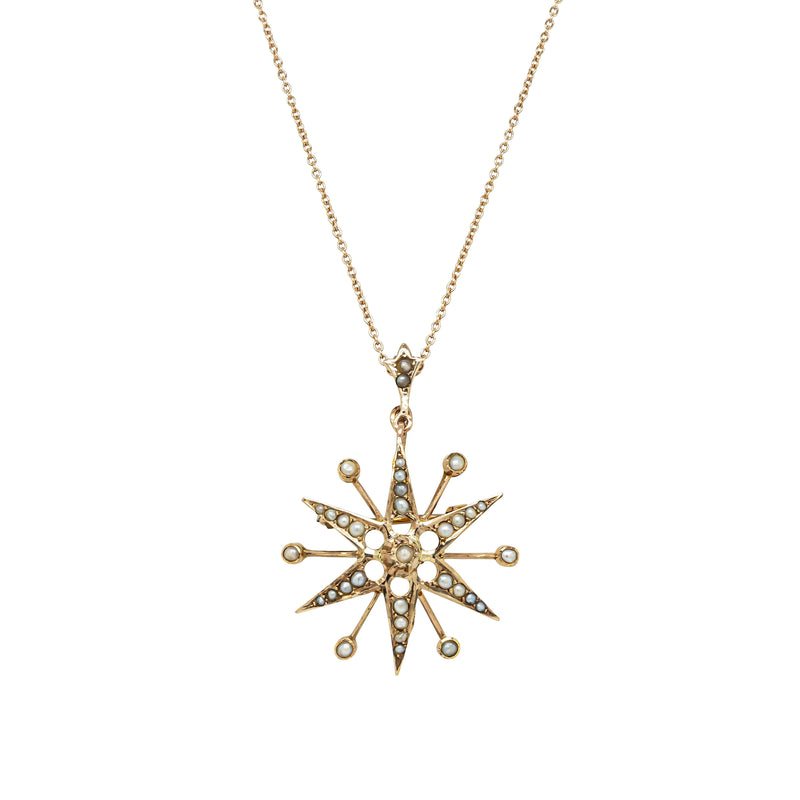 Vintage 9ct Rose Gold Seed Pearl Starburst Pendant - Necklace - Walker & Hall