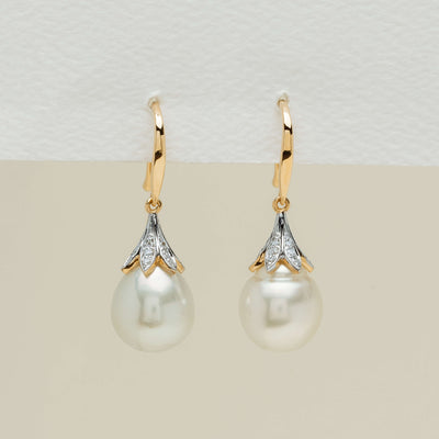 18ct Yellow Gold South Sea Pearl Diamond Drop Earrings - Earrings - Walker & Hall